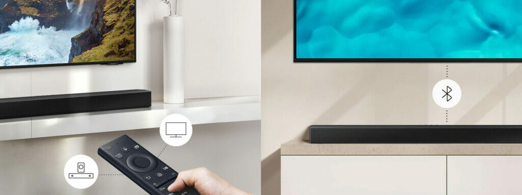 Gesteuert wird mit der One Remote (links), selbst wenn die Soundbar drahtlos via Bluetooth mit einem kompatiblen Samsung TV verbunden ist