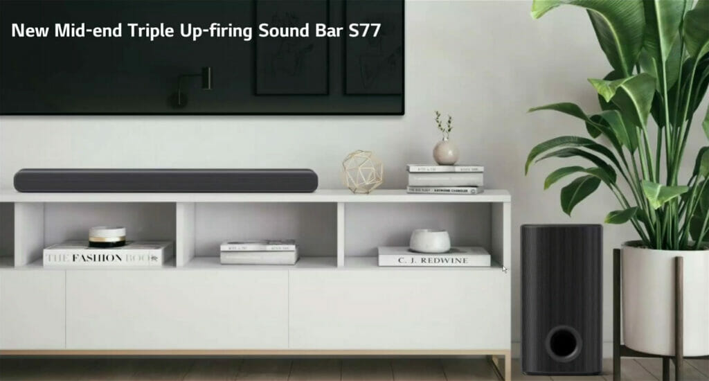Die LG S77 (S77S) Soundbar inkl. drahtlosem Subwoofer mit drei nach oben gerichteten Lautsprechern