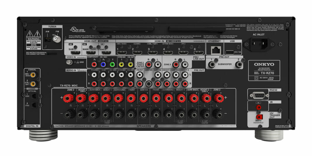 Anschluss-Terminal inkl. HDMI 2.1 auf der R&uuml;ckseite des Onkyo TX-RZ70