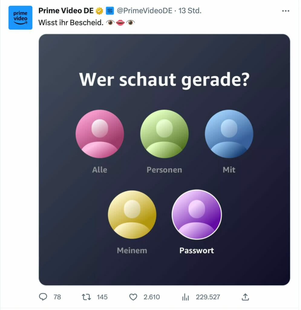 Im mittlerweile gelöschten Tweet warb Prime Video für das Teilen. 