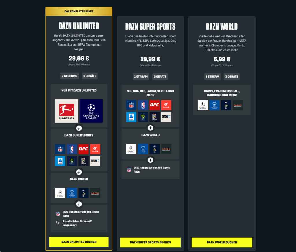 DAZN schlüsselt seine Tarife neu auf.