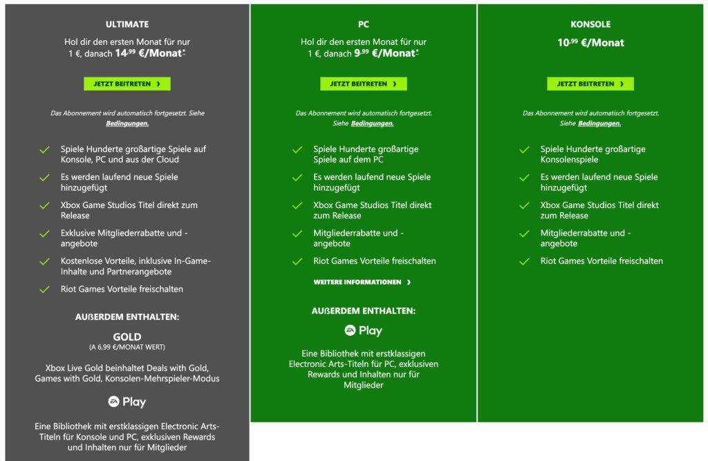Beim Game Pass habt ihr die Wahl aus drei Tarifen.