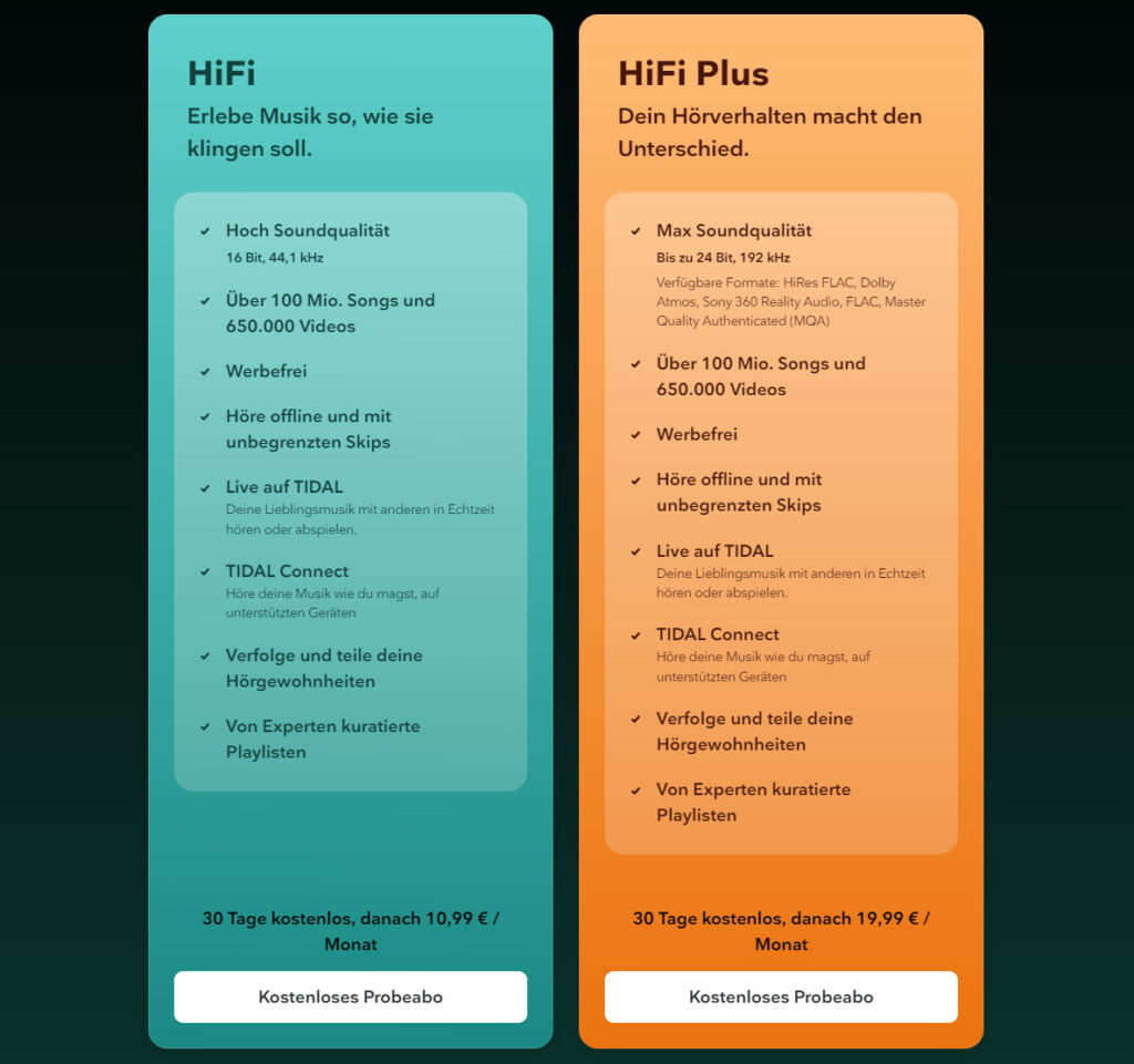TIDAL lässt sich 30 Tage kostenlos testen, egal ob im HiFi oder HiFi-Plus Abo!