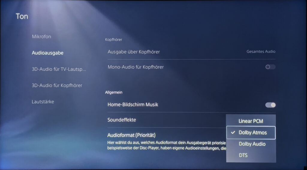 Ihr müsst Dolby Atmos in den Einstellungen der PlayStation 5 auswählen