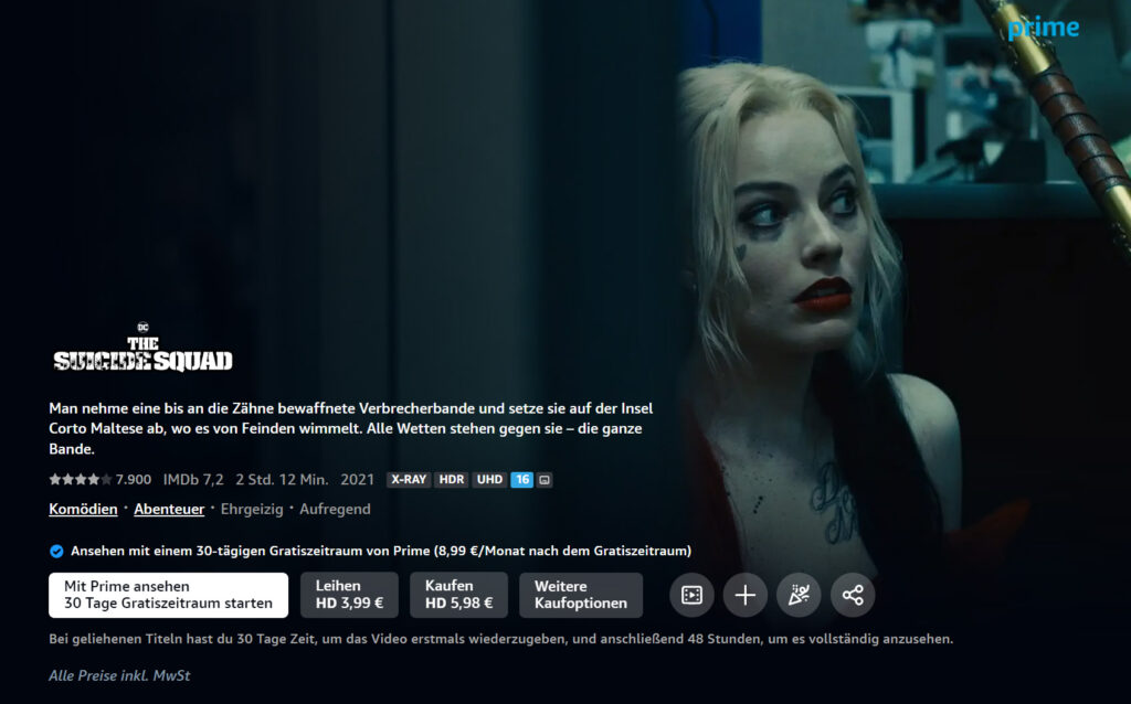Öffnet man die Filmtitel als "Nicht-Prime-Kunde", bekommt man den Eindruck, dass diese in bester Qualität in 4K UHD mit HDR bereitgestellt werden. Hier im Beispiel "The Suicide Squad".