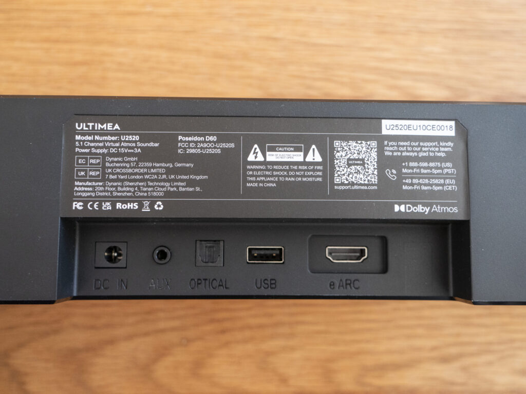 Anschlüsse auf der Rückseite der Poseidon D60 Soundbar inkl. HDMI eARC