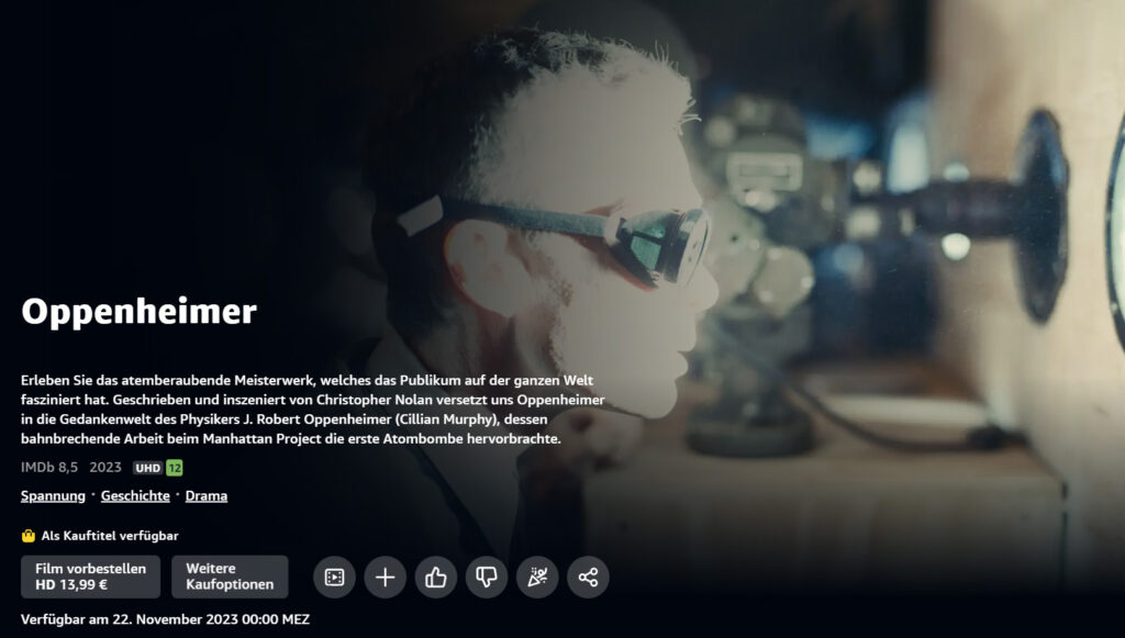 Oppenheimer auf Amazon Prime Video kann derzeit nur in UHD (ohne HDR) vorbestellt werden