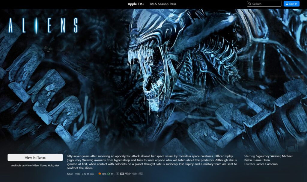 "Aliens" wird auf Apple TV (US) bereits in 4K, HDR, Dolby Vision und Dolby Atmos angeboten