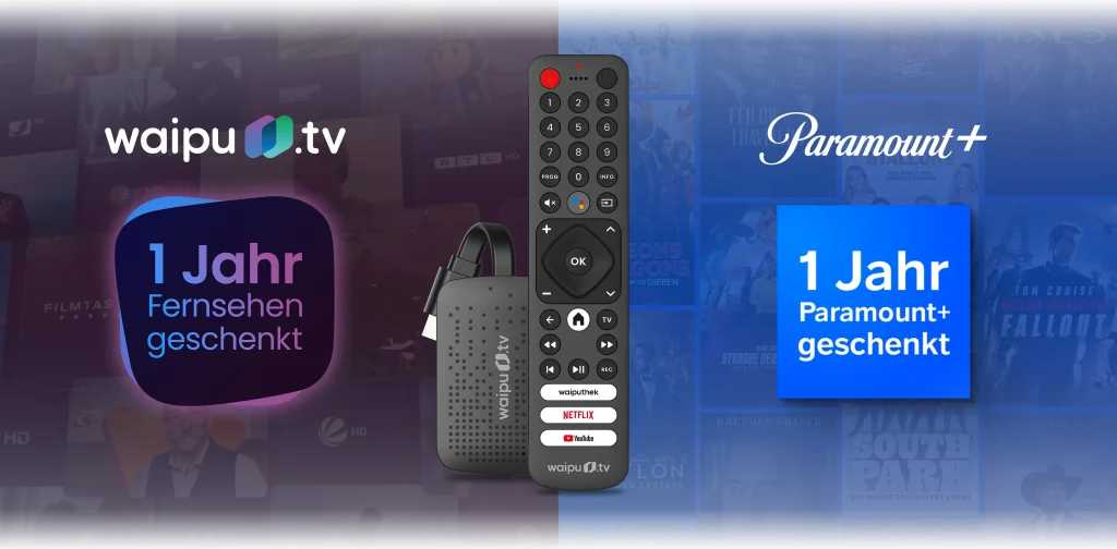 waipu.tv mit 4K Stick und Paramount+ für 12 Monate kostet mit Versandkosten nur 64,94 Euro!