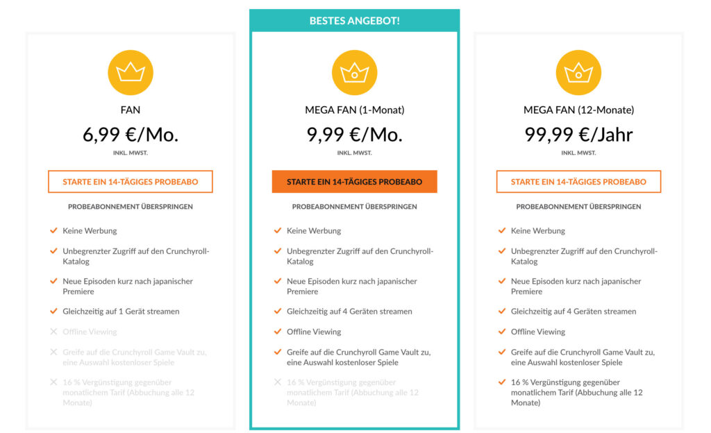 Crunchyroll bietet unterschiedliche Tarife an.