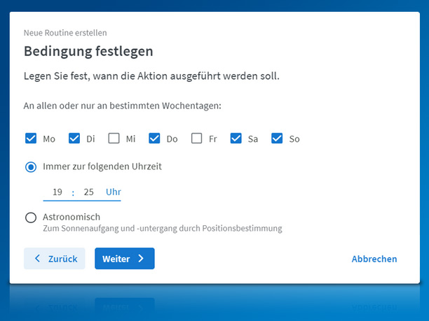 Routinen und Szenarien lassen sich noch genauer einstellen unter anderem mit dem astronomischen Sonnenaufgang und -untergang