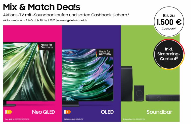 Samsung Kombi-Angebote: Bis zu 1.500 Euro Cashback beim Kauf eines Premium-TV + Soundbar
