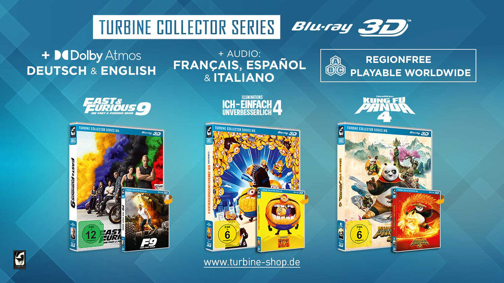 Drei neue 3D Blu-ray-Premieren inkl. Dolby Atmos: Fast & Furious 9, Ich - Einfach unverbesserlich 4 und Kung Fu Panda 4