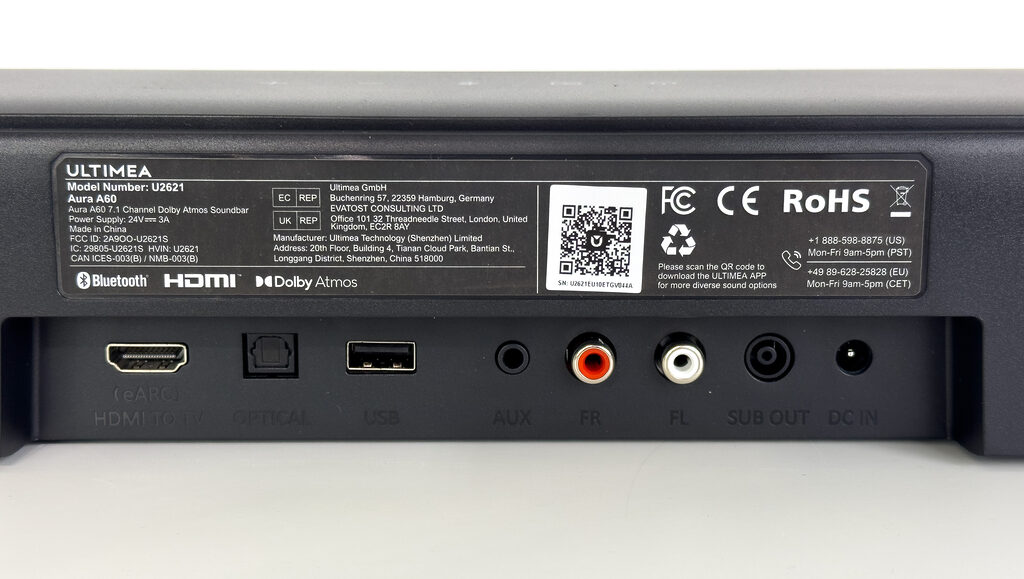 Die Anschlüsse der Ultimea Aura A60 Soundbar auf der Rückseite