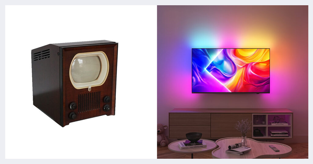 Philips erster Konsumenten-Fernseher aus 1950 und daneben der Philips PUS9000 "The One"