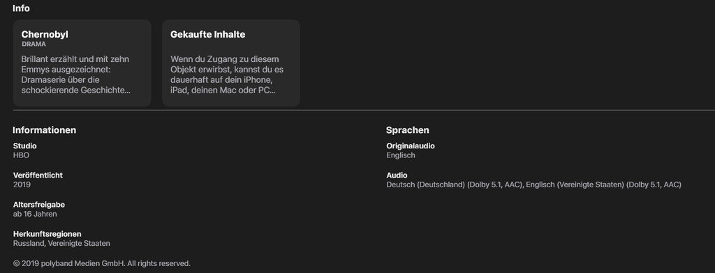 Bei den meisten Serien wie hier bei "Chernobyl" werden alle verfügbaren Audiospuren auf Apple TV angezeigt (Deutsch und Englisch).