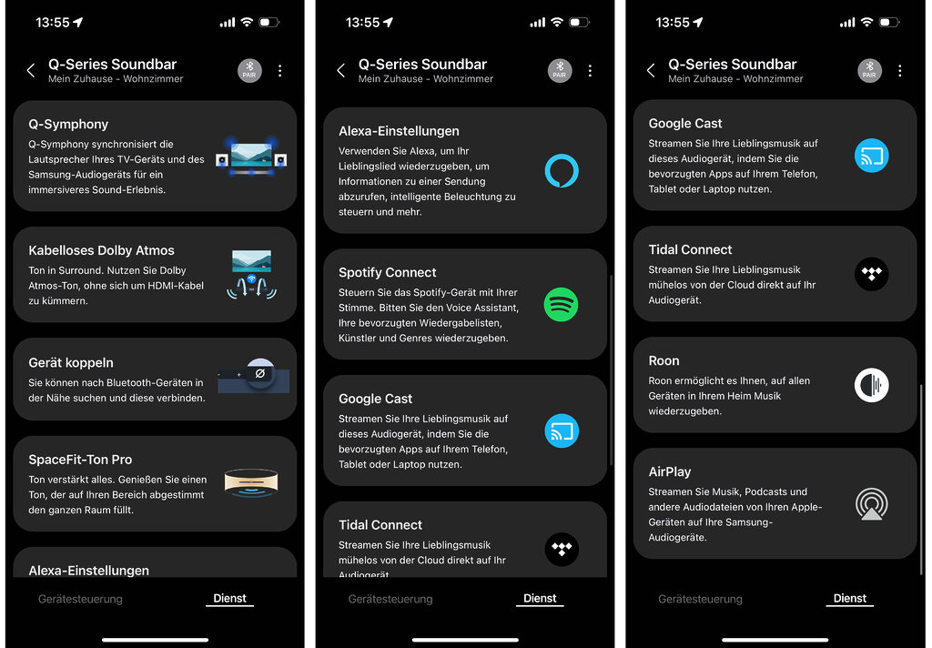 Die Dienste und Features der Samsung HW-Q995GF werden nochmals innerhalb der SmartThings-App aufgelistet inkl. Möglichkeit, die Dienste in Anspruch zu nehmen bzw. diese mit der Soundbar zu verbinden.