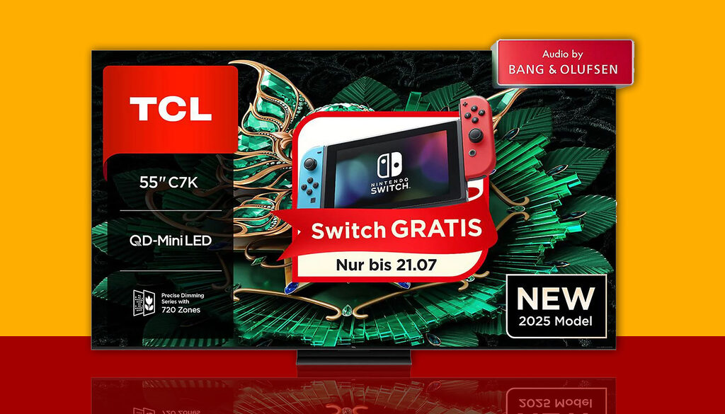 Beim Kauf eines TCL C7K Premium 4K Mini-LED-TV mit 55 Zoll gibt es eine Nintendo Switch-Konsole geschenkt!