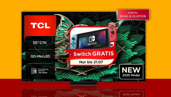 Beim Kauf eines TCL C7K Premium 4K Mini-LED-TV mit 55 Zoll gibt es eine Nintendo Switch-Konsole geschenkt!