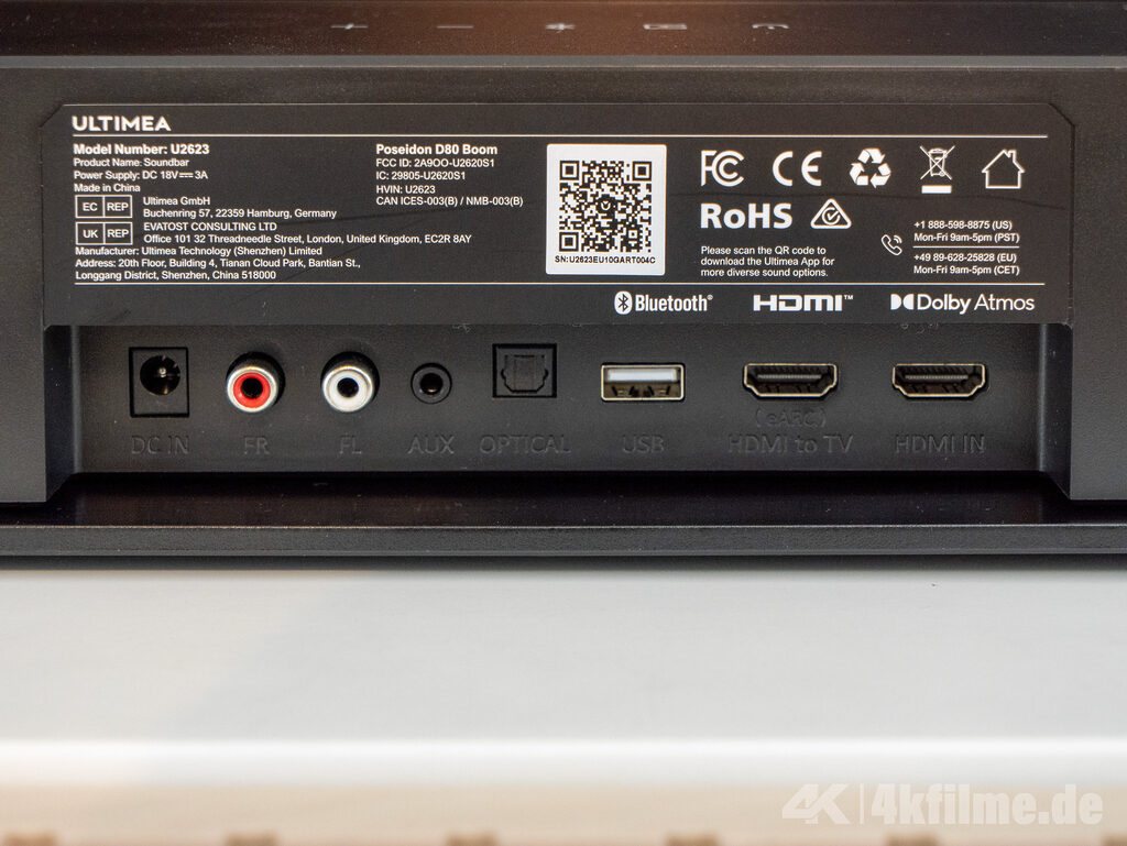 Die Anschlüsse der Ultimea Poseidion D80 Boom Dolby Atmos Soundbar