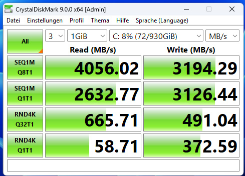 Der CrystalDiskMark Benchmark mit der Kingston-SSD im Geekom IT12 (2025)