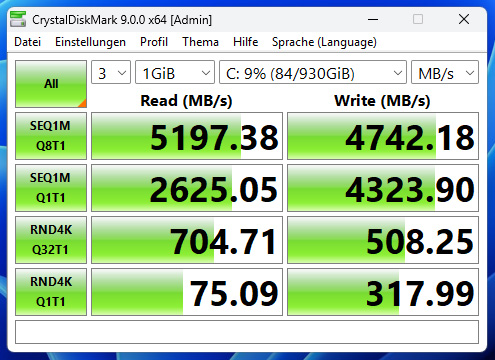 Schnelle Schreib- und Leseraten für den Geekom XT13 Pro im Crystaldisk-Benchmark