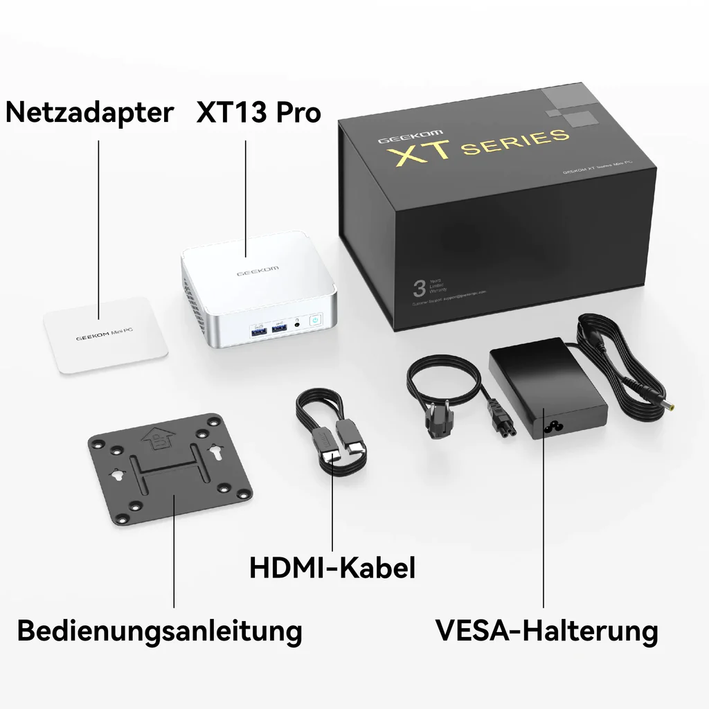Lieferumfang des Geekom XT13 PRO Mini-PCs