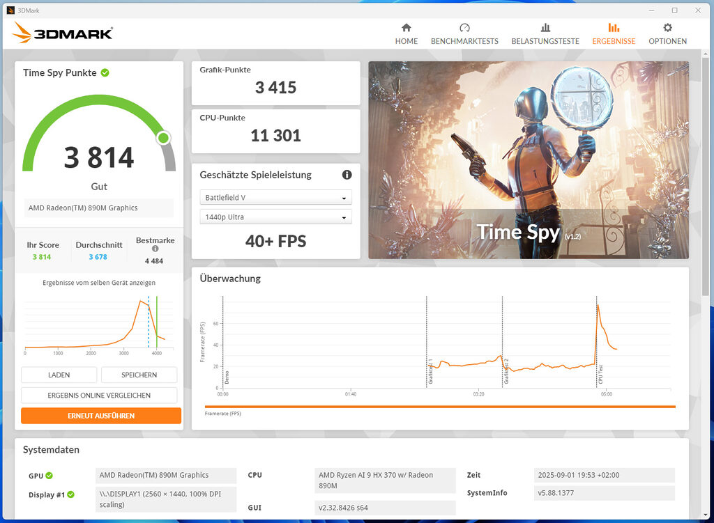 Über 3.800 Punkte im 3D Mark Benchmark "Time Spy" für den Geekom A9 Max