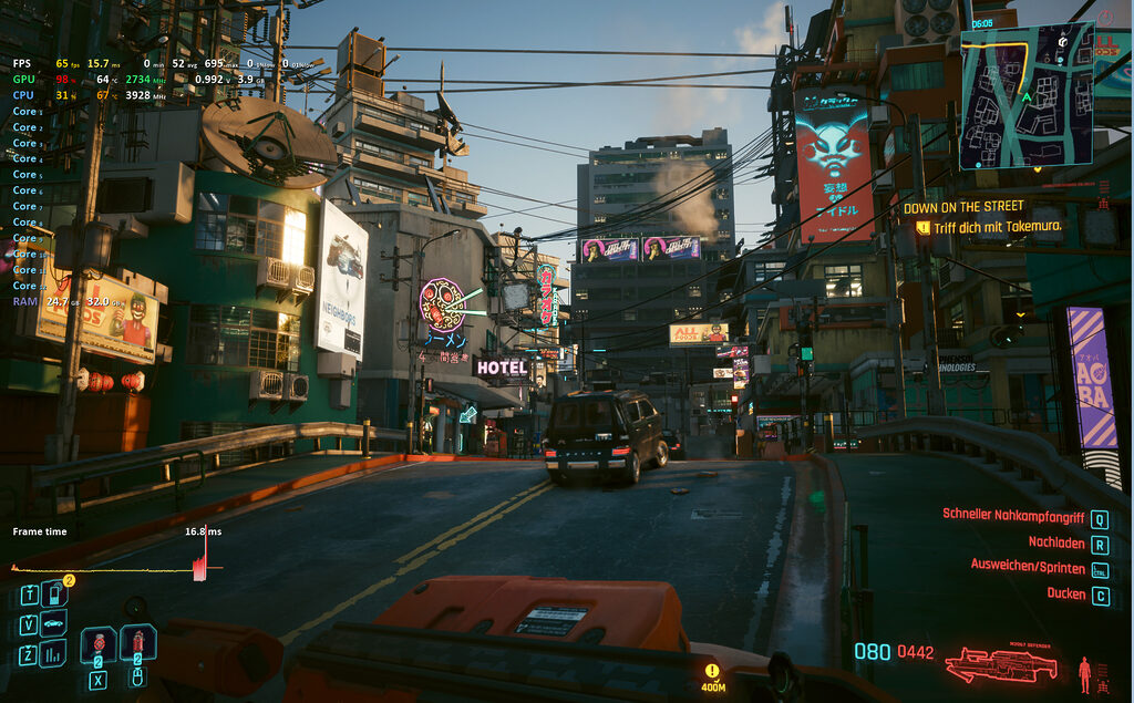 In Cyberpunk 2077 erhalten wir auf mittleren Qualitätseinstellungen (1080p) und aktivierten FSR Bildraten von bis zu 60 FPS