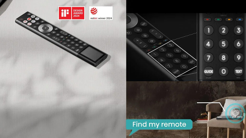 Die Solar-Fernbedienung des Hisense 116UXQ lässt sich auch auf dem uns gemachten Bild entdecken (liegt rechts neben dem Standfuss). 