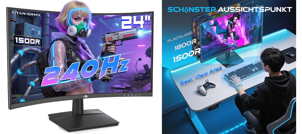 Angenehmer Blickwinkel mit dem günstigen Titan Army C24A1H Full-HD-IPS-Monitor mit gebogenem / curved Display und bis zu 240Hz