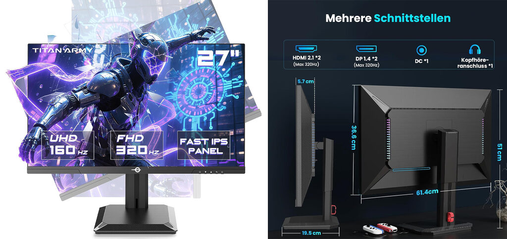 Der Titan Army P2712V 4K-Monitor bietet einen günstigen Einstieg in das High-Framerate-Segment mit bis zu 320Hz (Full HD)