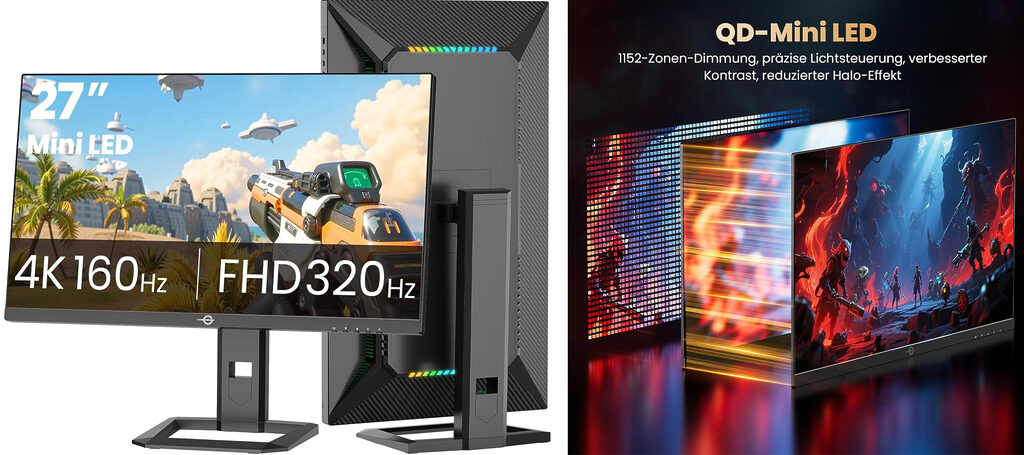 Das neue Highlight-Modell Titan Army P275MV Plus mit QD-Mini-LED-Display mit 4K-Auflösung mit bis zu 1000 nits und 320Hz (Full HD)