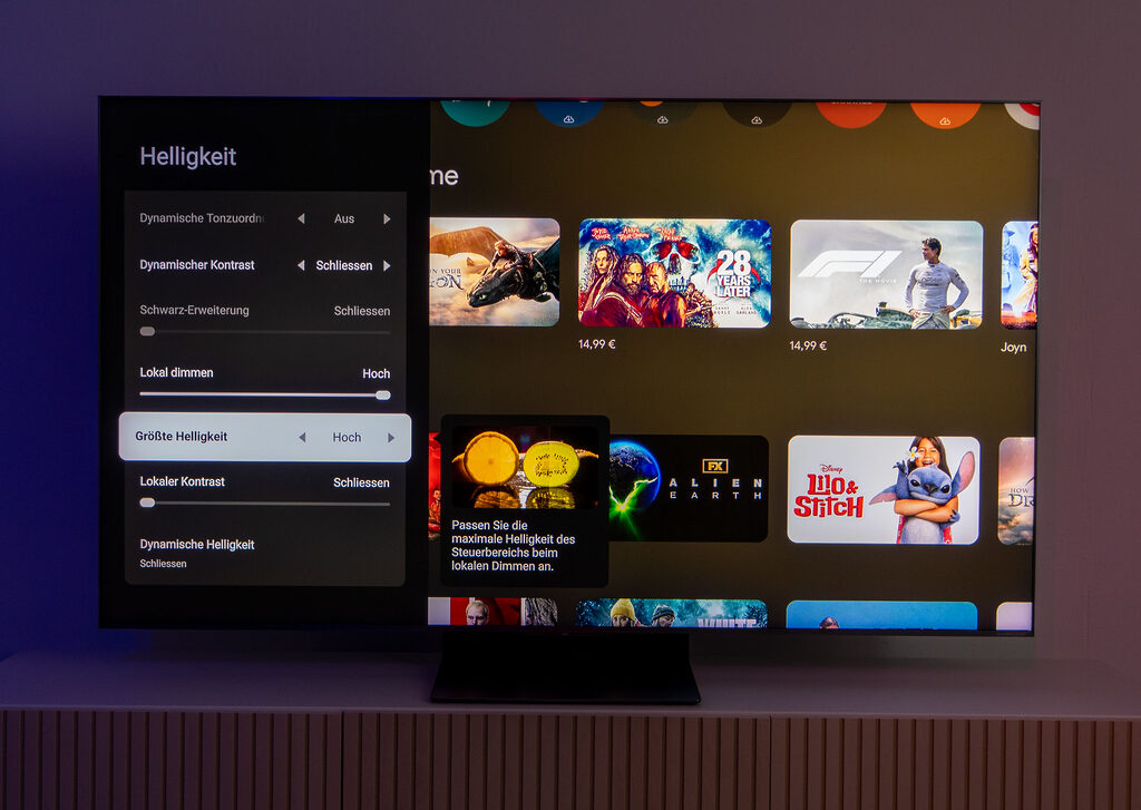 Lokaler Kontrast: Schließen? TCL muss unbedingt nochmal an die Übersetzung ran. Diese ist nicht auf einem Niveau mit der Bildqualität und Ausstattung des Q8C (C8K) 