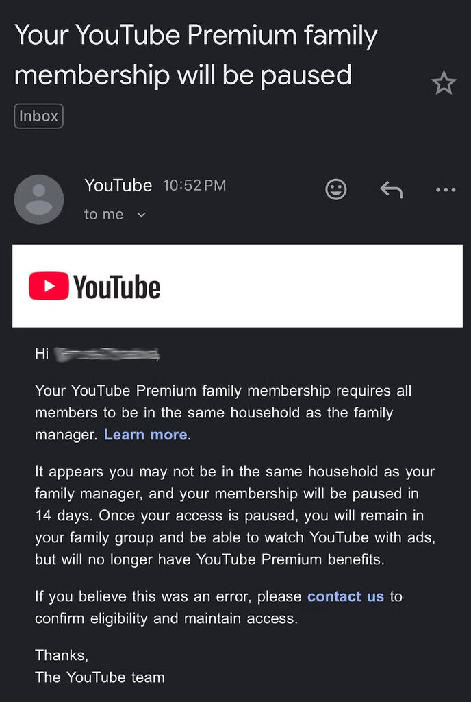 Diese E-Mail von Google erhalten Trittbrettfahrer bei YouTube Premium Family.