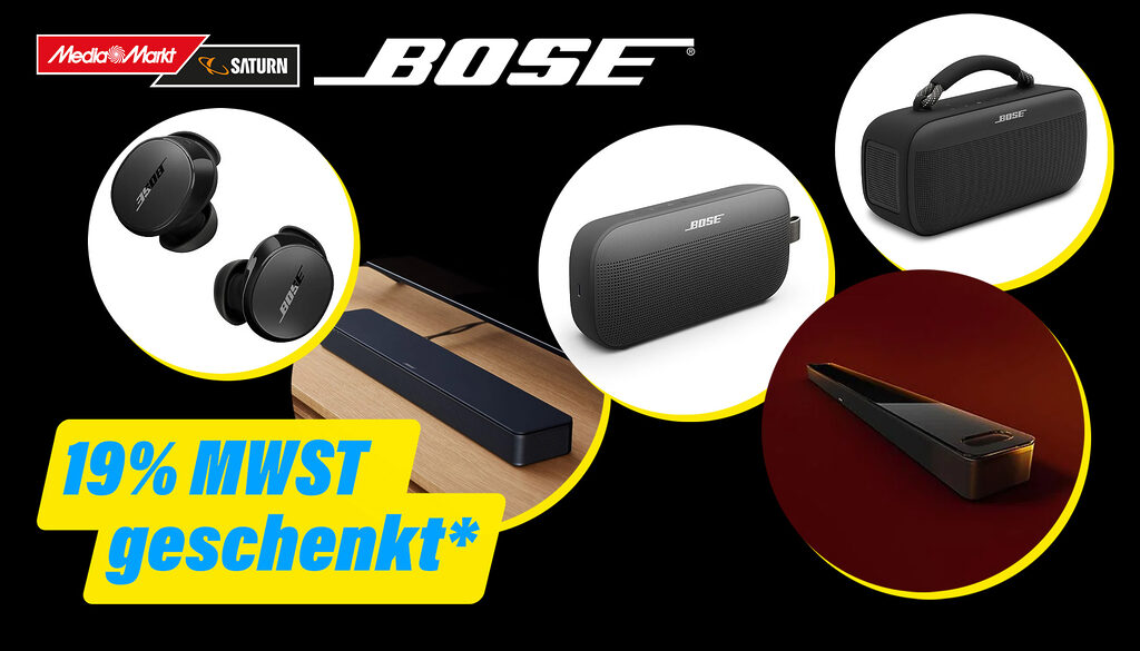 Doppelt sparen: Mit reduzierten Preisen auf Bose Soundbars und Lautsprecher + 19% MwSt. geschenkt!