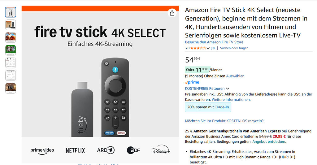 Der Fire TV Stick 4K Select hat derzeit nur 9 Bewertungen und 3.0 Sterne (Stand 18. Oktober 2025)