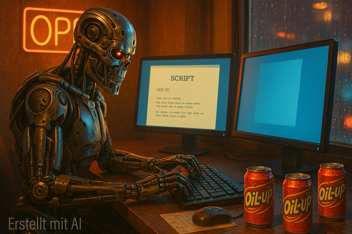 Laut James Cameron: KI soll die Welt erobern, aber keine Drehbücher schreiben können. - Die Ironie dieses mit KI erstellten Bildes ist uns bewusst =)