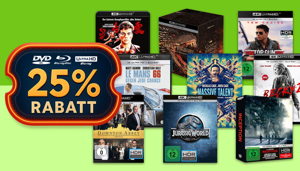 Wählt aus über 3.300 Aktionsartikeln: Drei kaufen und 25% Rabatt auf DVD, Blu-ray und 4K Ultra HD sichern!