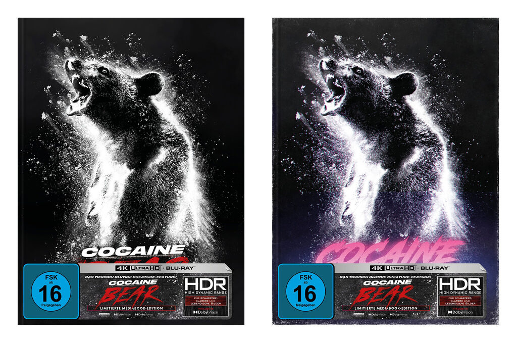 Cocaine Bear: Links das reguläre 4K Blu-ray Mediabook, rechts die aufgefrischte Variante im Retro-Neon-Look. 