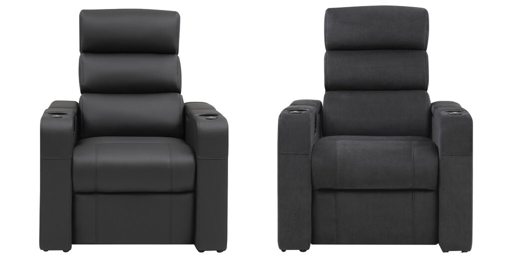 Den Don Vito II Heimkinosessel gibt es wahlweise mit Stoff- (rechts) oder Lederbezug (links)