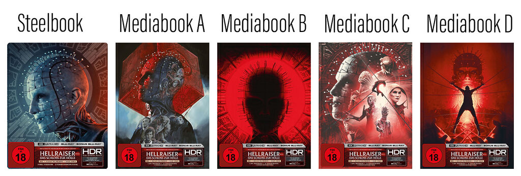 Links das limitierte Steelbook und daneben die auf jeweils 666 Exemplare limitierten Mediabook-Varianten zu "Hellraiser: Das Schloss zur Hölle"