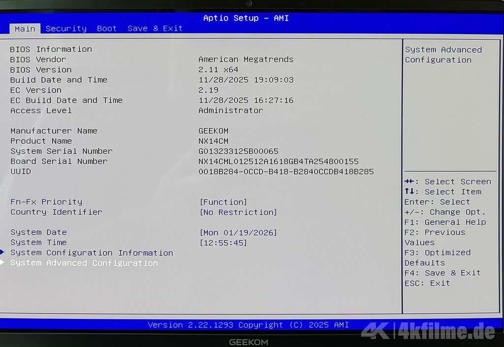 Hier gibt es nicht vie zu sehen/einzustellen: Das BIOS des GeekBook X14 Pro. 