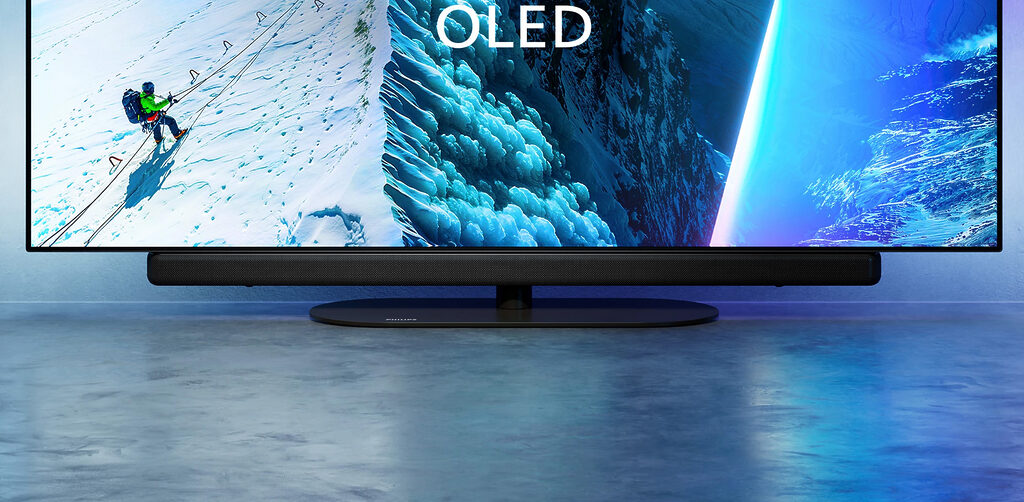 "Soundbar" und drehbarer Standfuß in der Detailansicht (Philips OLED901 2026 OLED TV).