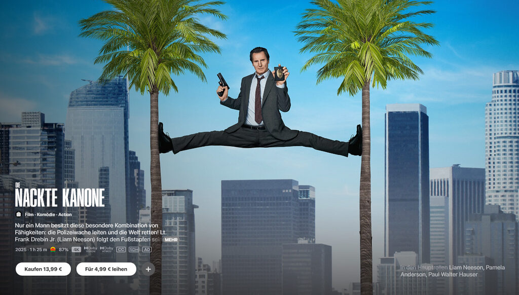 Die nackte Kanone (2025) mit Liam Neeson steht noch nicht auf Paramount+ zum Stream bereit und somit werden alle Detailangaben Apple-TV-Variante korrekt ausgegeben.