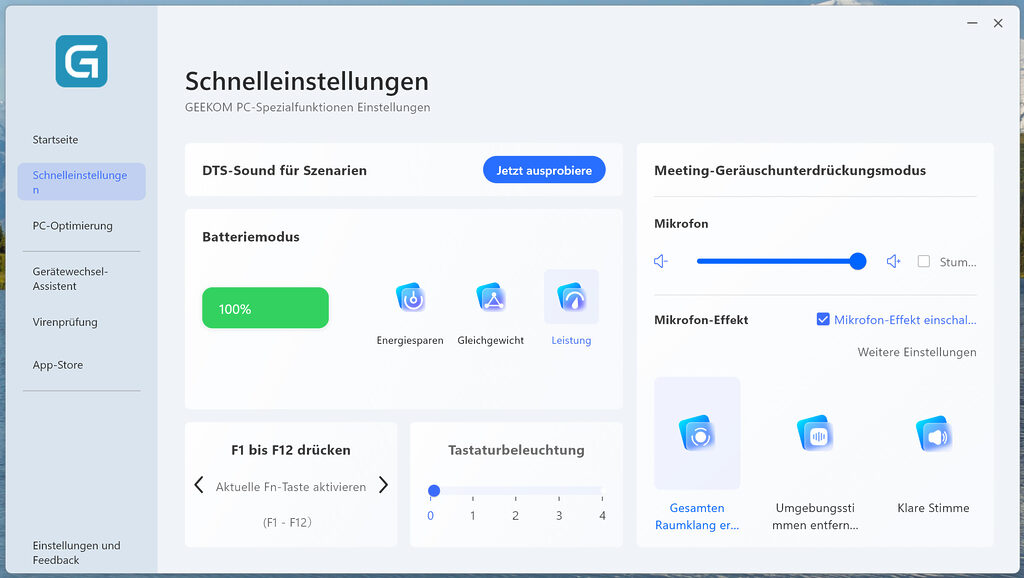 Der Geekom PC Manager erlaubt euch euren PC sauber und sicher zu halten und bietet viele Einstellungsmöglichkeiten, die die Leistung des Ultrabooks beeinflussen. 