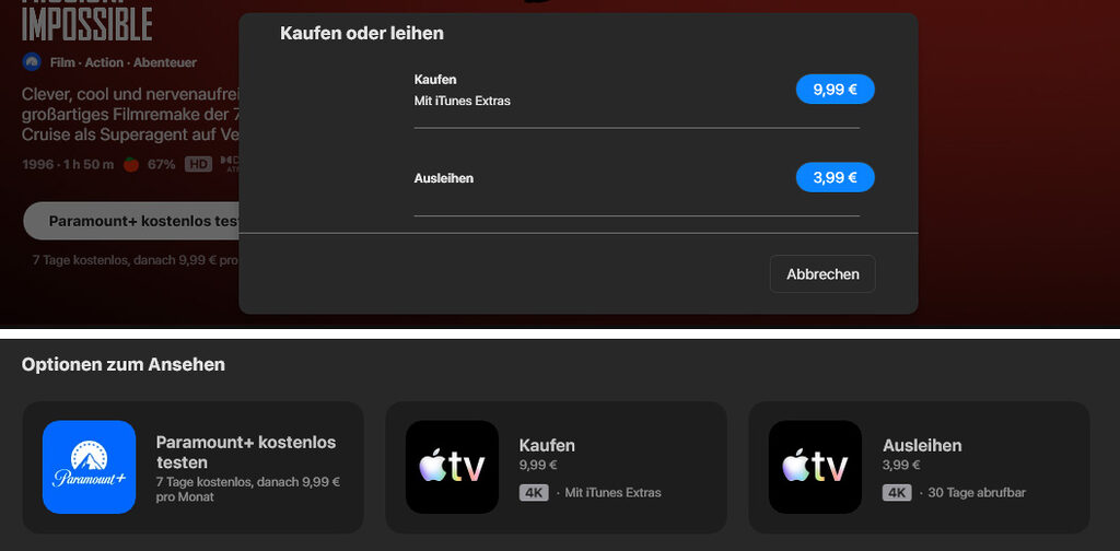 Über den "Kaufen und leihen"-Button bekommt man keine Qualitätsinformationen mitgeliefert (oberes Bild). Erst weiter unten bei "Optionen zum Ansehen" bekommen wir ein 4K-Symbol präsentiert. 