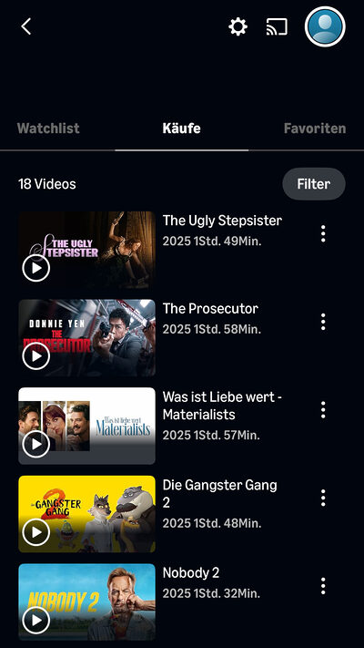 Beweisfoto: Mit jeweils 5 Minuten Abstand haben wir uns fünf 4K Filme aus der 99-Cent-Auswahl in unsere Mediathek geholt! 