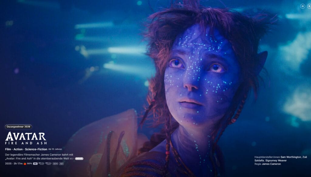 Avatar 3 auf Apple TV überzeugt mit einer etwas besseren Ausstattung. So könnt ihr den Titel auch mit HDR10+, Dolby Vision HDR und Dolby Digital 7.1 Plus (Deutsch) & Dolby Atmos (Englisch) wiedergeben.