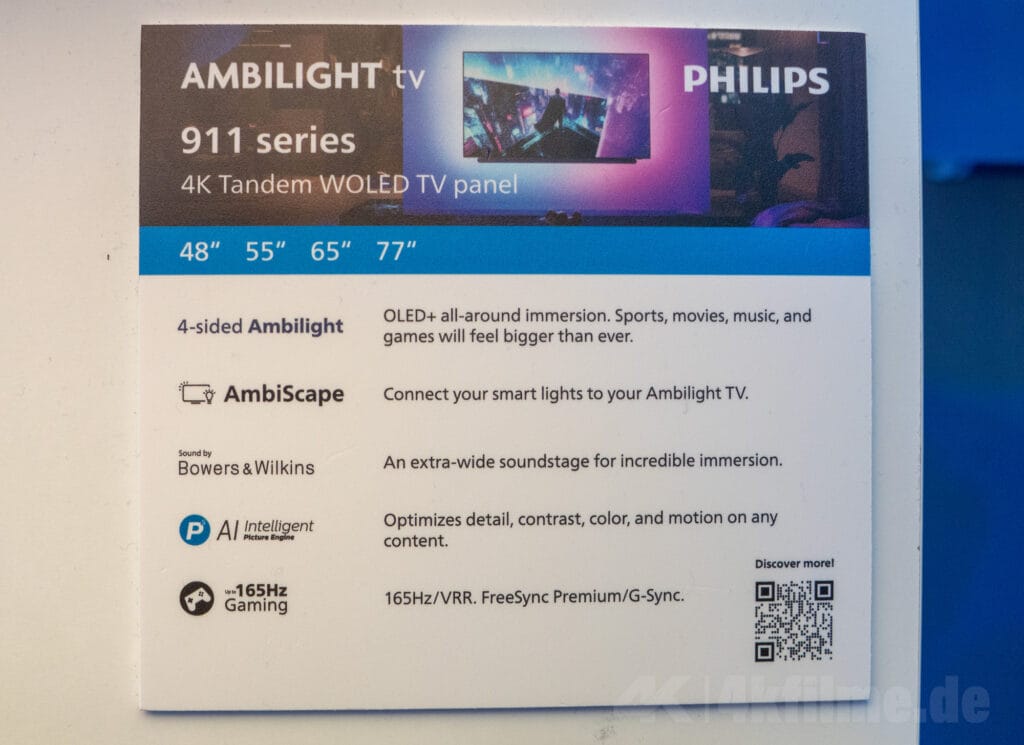 Spezifikationen des Philips OLED911 Ambilight Fernsehers inkl. 165 Hz, AMD FreeSync Premium, Nvidia G-Sync und vier HDMI 2.1-Ports. 